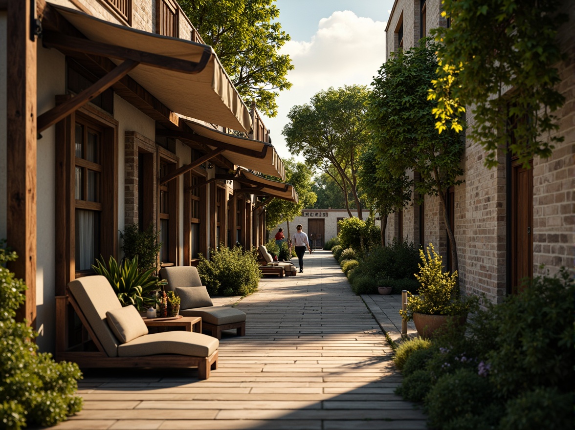 Prompt: Rustic wooden accents, earthy stone walls, distressed metal beams, worn brick facades, lush greenery, overgrown vines, moss-covered paths, weathered wood planks, faded fabric canopies, vintage-inspired signage, warm golden lighting, shallow depth of field, 3/4 composition, cinematic perspective, realistic textures, ambient occlusion.