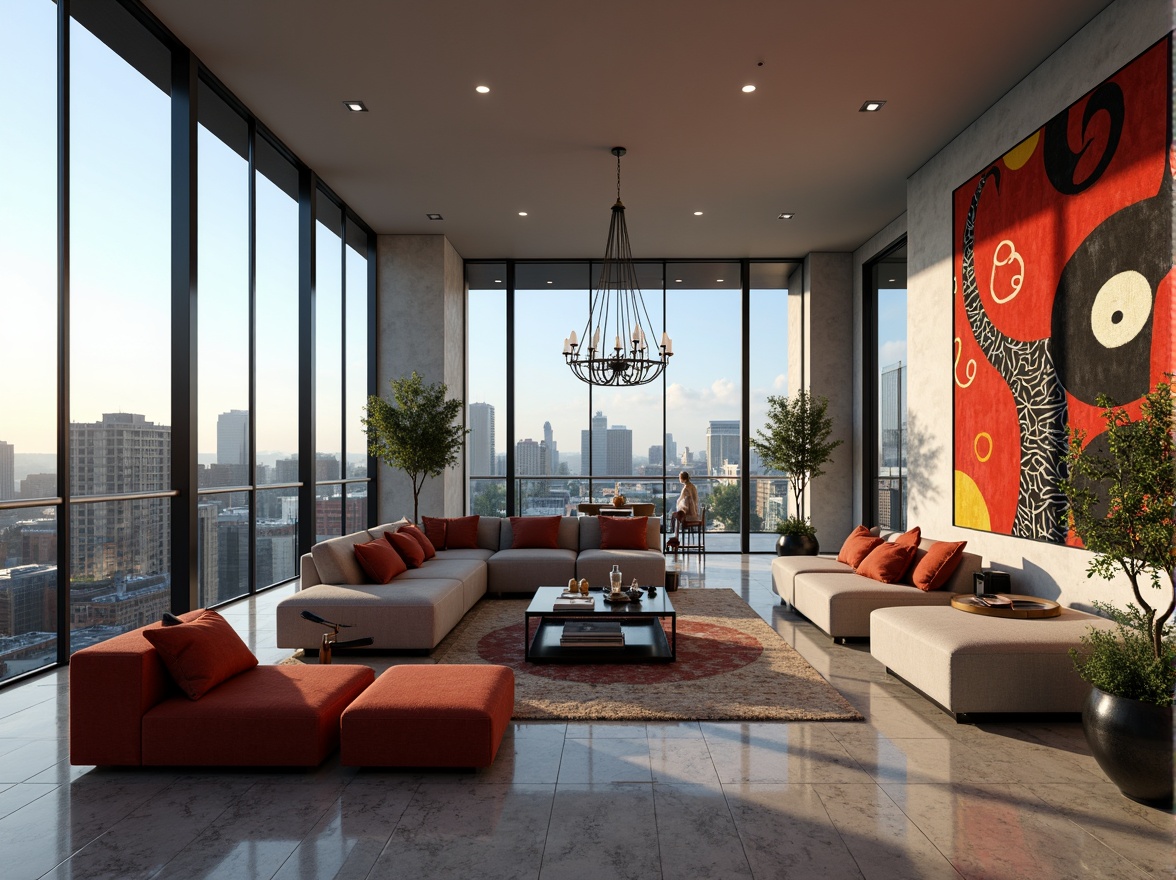 Prompt: Luxurious penthouse, open-plan living area, floor-to-ceiling windows, panoramic city views, sleek minimalist decor, expressionist artwork, bold vibrant colors, geometric patterns, eclectic furniture, avant-garde sculptures, polished marble floors, high ceilings, dramatic chandeliers, atmospheric lighting, shallow depth of field, 1/1 composition, cinematic angle shots, realistic textures, ambient occlusion.