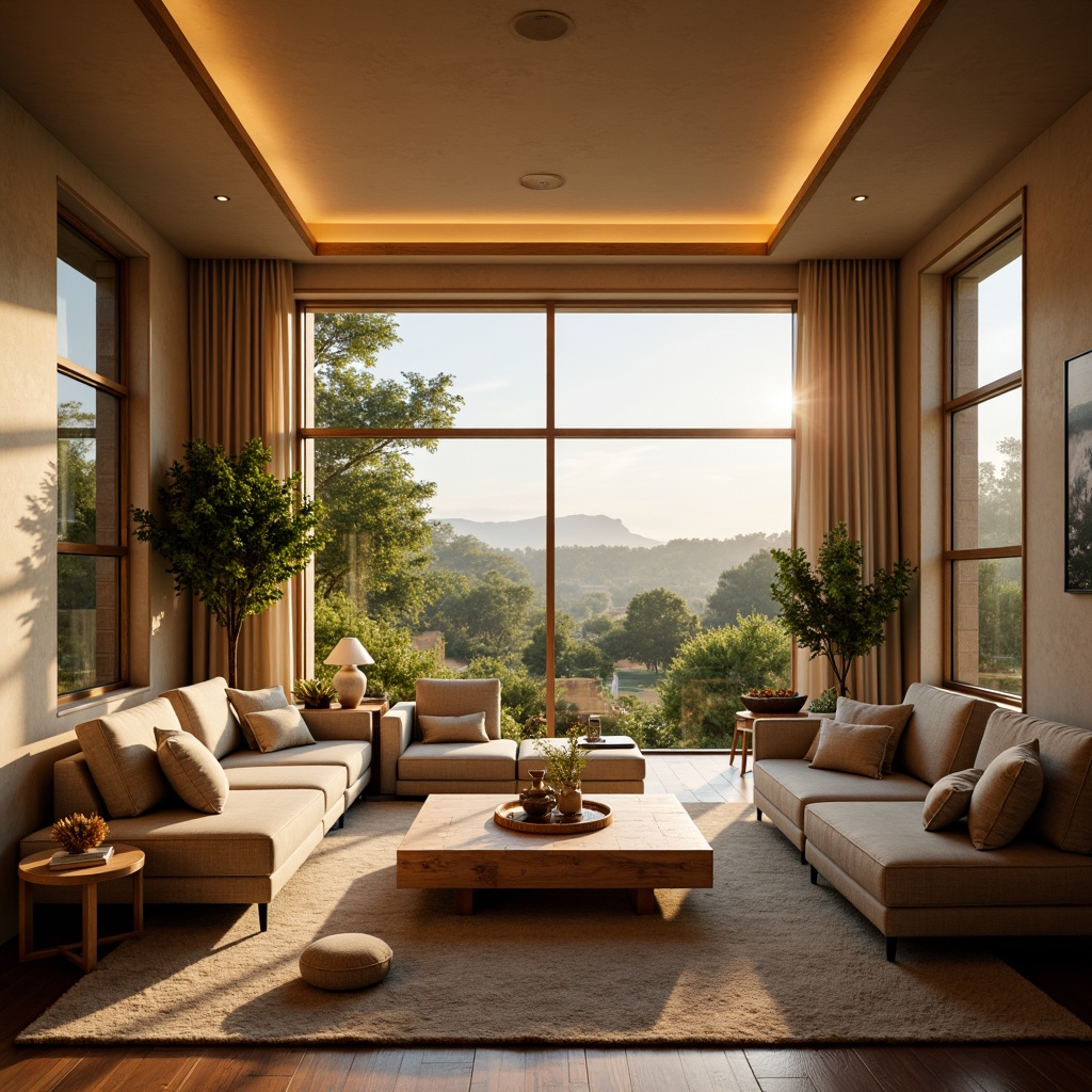 Prompt: Cozy living room, warm ambient lighting, soft glow ceiling fixtures, floor lamps, table lamps, warm beige walls, comfortable sofas, natural wood coffee tables, lush greenery, large windows, panoramic views, sunny afternoon, gentle warm light, shallow depth of field, 1/2 composition, realistic textures, ambient occlusion.