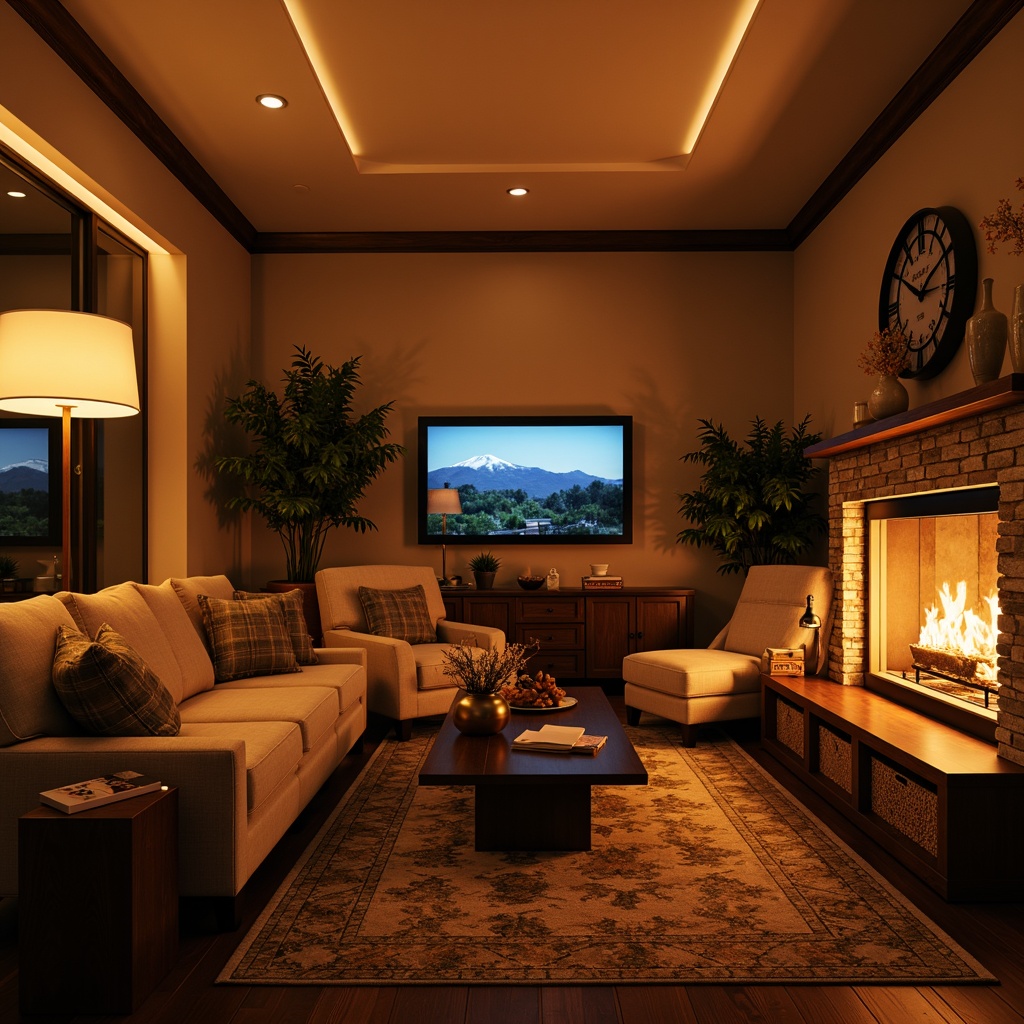 Prompt: Cozy family room, warm ambient lighting, soft golden glow, comfortable seating, plush couches, wooden coffee tables, decorative vases, elegant floor lamps, table lamps, LED strip lights, recessed ceiling lights, warm beige walls, rich wood tones, natural stone fireplace, crackling flames, intimate atmosphere, relaxed vibe, calm color palette, soft shadows, 3/4 composition, realistic textures, ambient occlusion.