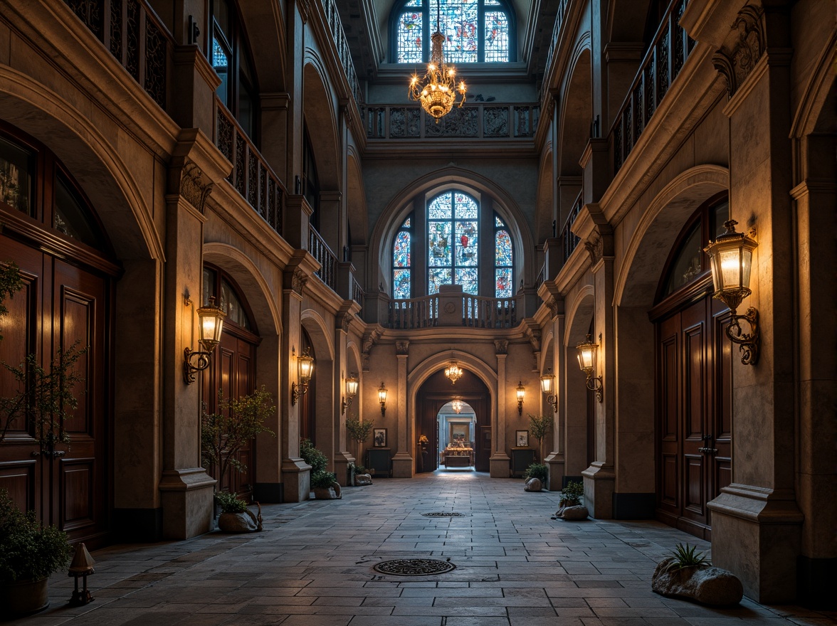 Prompt: Grand entrance hall, high ceilings, ornate chandeliers, intricate stone carvings, stained glass windows, heavy wooden doors, mystical ambiance, dim warm lighting, iron lanterns, candelabras, medieval-inspired fixtures, rustic metal accents, rich jewel tones, mysterious shadows, dramatic uplighting, 1/2 composition, atmospheric fog, cinematic mood.