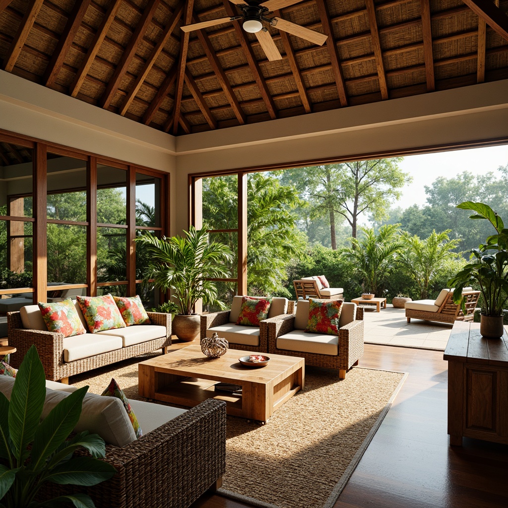 Prompt: \Tropical style interior, high ceilings, large windows, sliding glass doors, natural ventilation, woven rattan furniture, lush greenery, potted palms, vibrant floral patterns, earthy tone color palette, warm wooden accents, minimal ornamentation, open floor plan, airy atmosphere, soft diffused lighting, 1/1 composition, shallow depth of field, realistic textures, ambient occlusion.\Please let me know if this meets your expectations!