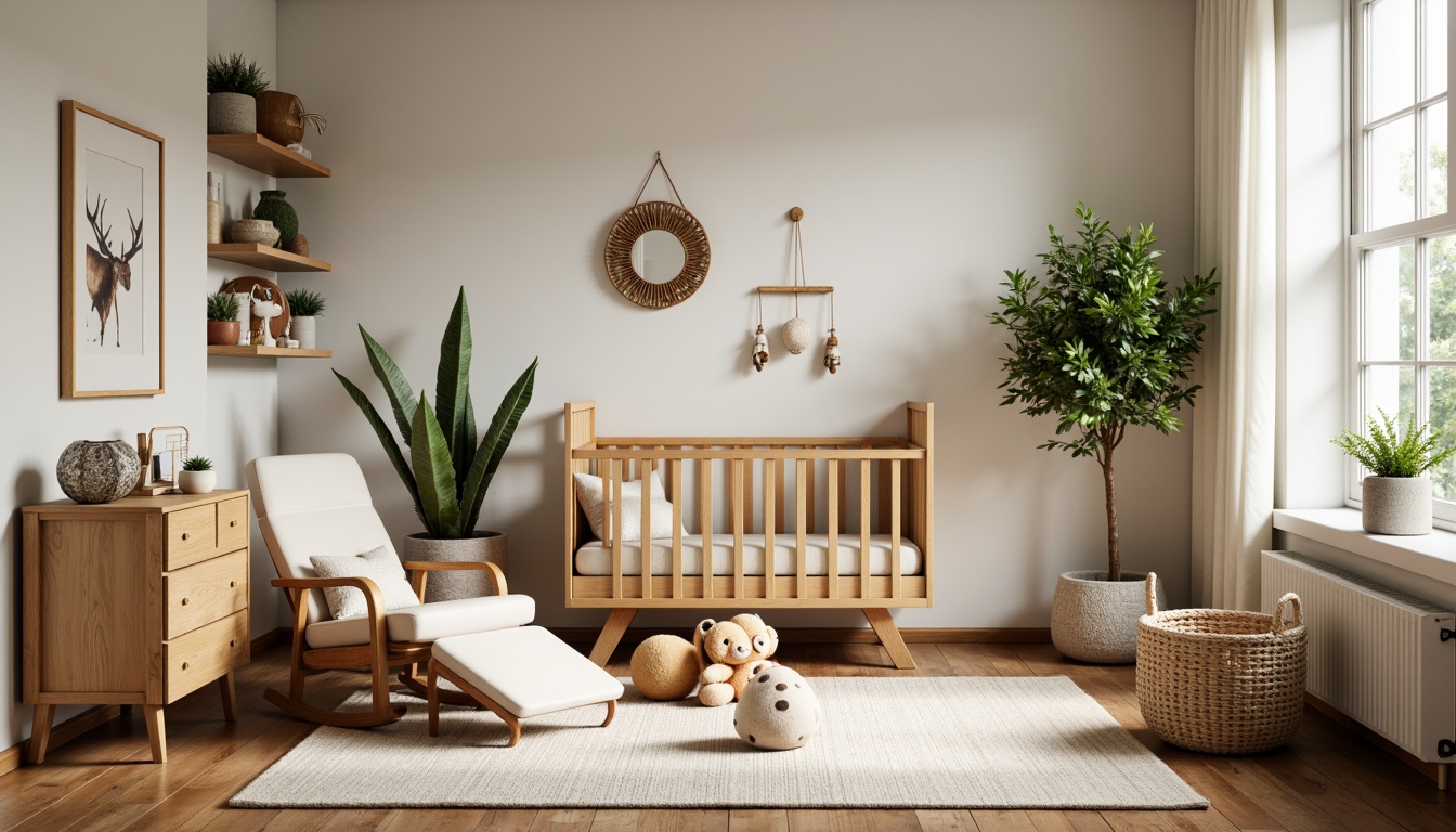 Prompt: Cozy nursery, wooden crib, plush toys, soft pastel colors, natural textures, woven baskets, vintage-inspired decor, earthy tones, nature-themed wall art, rustic wooden furniture, comfortable glider, warm reading nook, softbox lighting, 3/4 composition, shallow depth of field, realistic textures, ambient occlusion.