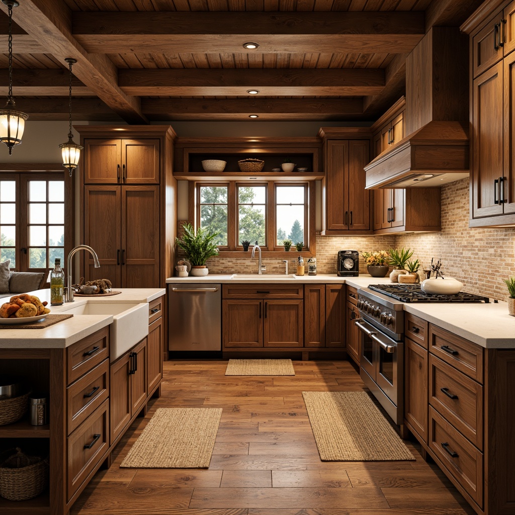 Prompt: Rustic kitchen, wooden cabinetry, warm earthy tones, natural wood grains, ornate metal hardware, decorative corbels, recessed panel doors, soft warm lighting, traditional craftsmanship, rich walnut finishes, creamy white countertops, farmhouse sink, pendant lanterns, brick backsplash, vintage appliances, open shelving, woven baskets, natural fiber rugs, cozy breakfast nook, 1/1 composition, shallow depth of field, realistic wood textures.