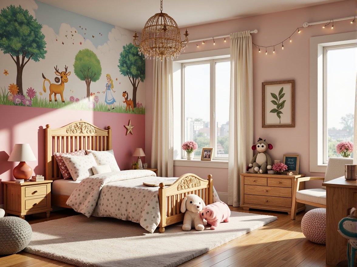 Prompt: Whimsical kids' bedroom, soft pastel colors, fairy tale murals, fluffy carpets, stuffed animal friends, colorful bedding sets, wooden furniture with ornate carvings, delicate chandeliers, sparkly string lights, cozy reading nooks, plush area rugs, playful patterned wallpaper, fun polka dot curtains, kid-sized decorative chairs, vibrant wall art, cheerful storage bins, sweet-themed accessories, warm golden lighting, shallow depth of field, 1/1 composition, realistic textures, ambient occlusion.