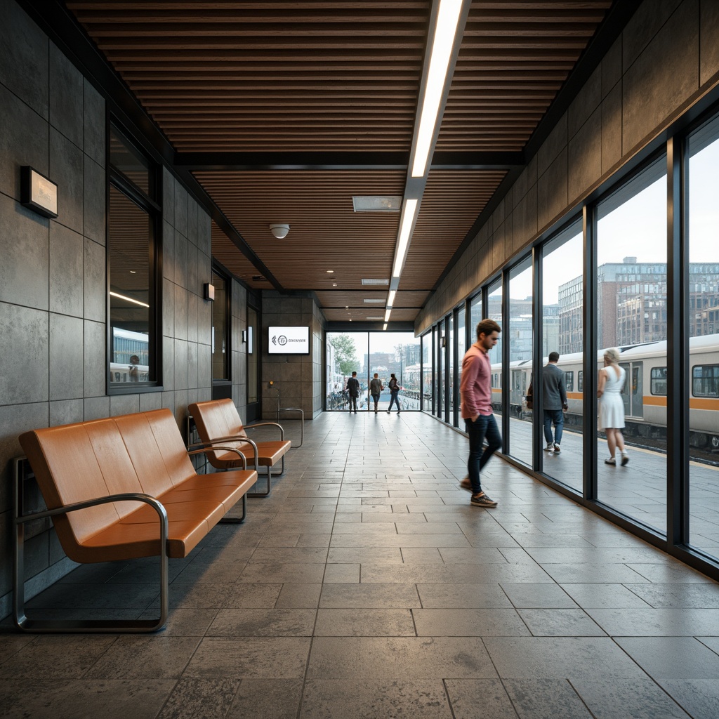 Prompt: Streamlined train station interior, modern minimalist aesthetic, curved metal benches, sleek wooden accents, polished chrome handrails, futuristic LED lighting, geometric patterned floor tiles, airy open spaces, natural stone walls, large glass windows, urban cityscape views, rush hour atmosphere, dynamic motion blur, shallow depth of field, 2/3 composition, cinematic lighting, realistic reflections, ambient occlusion.