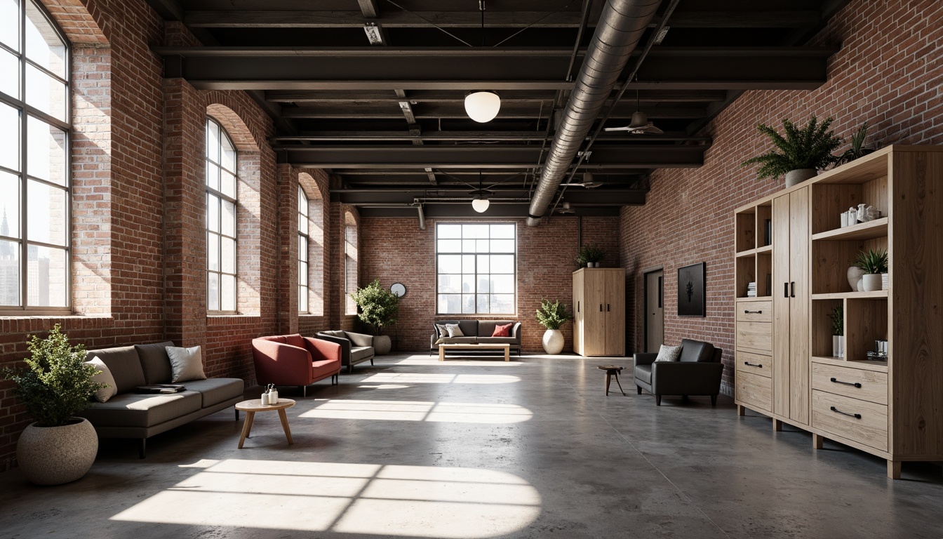 Prompt: Exposed brick walls, metal beams, polished concrete floors, industrial chic aesthetic, minimalist furniture, monochromatic color scheme, sparse decor, reclaimed wood accents, Edison bulb lighting, functional storage units, urban loft atmosphere, natural light pouring, airy open space, subtle texture contrasts, 1/1 composition, softbox lighting, realistic shadows, ambient occlusion.