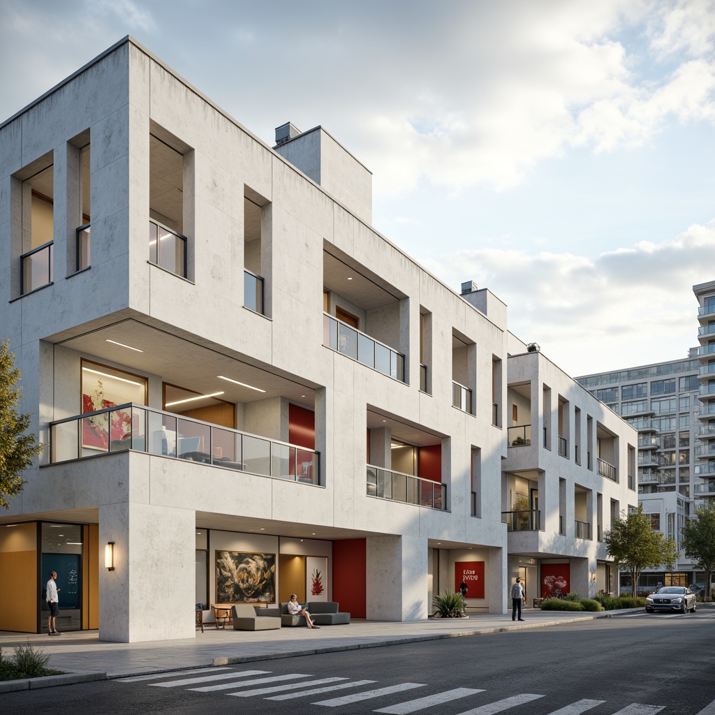 Prompt: Geometric Bauhaus building, white cement walls, large industrial windows, minimalist decor, abstract artwork, rectangular shapes, primary color accents, open floor plans, natural light diffusion, soft shadows, ambient occlusion, 1/1 composition, high contrast ratio, dramatic lighting effects, subtle texture details, clean lines, functional simplicity, modernist aesthetics, urban cityscape, cloudy sky, indirect sunlight, warm atmosphere.