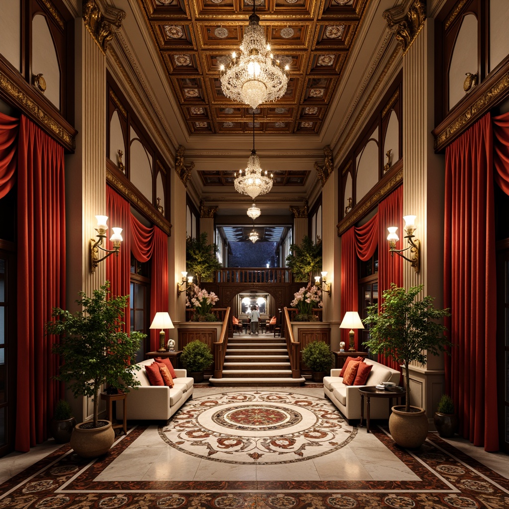 Prompt: Luxurious cinema interior, Renaissance-inspired ornate details, polished marble floors, intricate mosaic patterns, golden accents, rich velvet curtains, ornate chandeliers, grand staircase, lavish furnishings, Baroque-style columns, soft warm lighting, shallow depth of field, 3/4 composition, realistic textures, ambient occlusion.