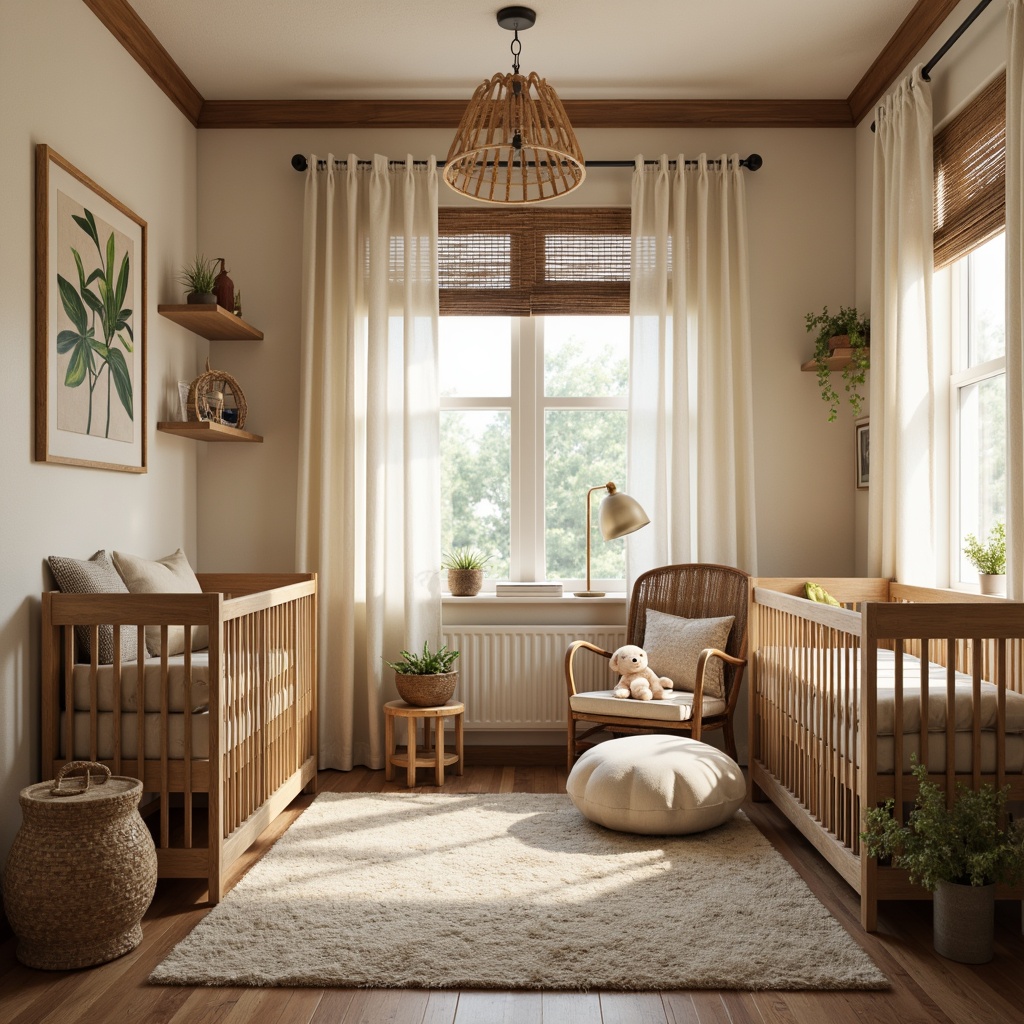 Prompt: Cozy nursery, natural wood accents, earthy tones, plush area rugs, wooden cribs, vintage decorative items, soft warm lighting, sheer curtains, flowing drapes, billowy folds, rustic wooden blinds, woven bamboo shades, organic cotton fabrics, nature-inspired patterns, botanical prints, gentle color palette, warm beige walls, creamy whites, soothing greens, natural textiles, relaxed atmosphere, peaceful ambiance.