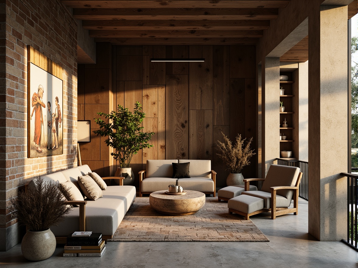 Prompt: Earthy tones, organic textures, natural materials, reclaimed wood accents, stone veneer walls, exposed brick facades, rustic metal frames, earthy color palette, warm ambient lighting, soft shadows, 3/4 composition, shallow depth of field, realistic renderings, ambient occlusion.