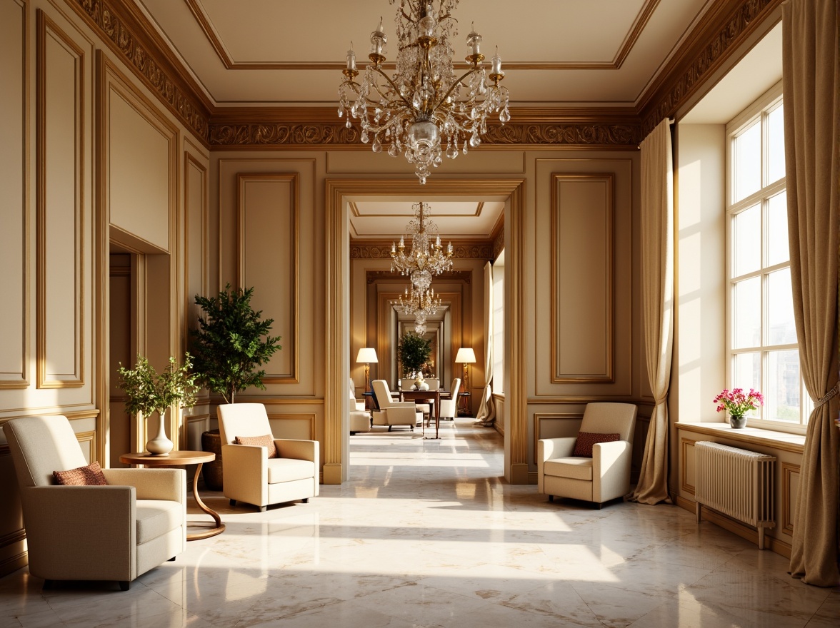 Prompt: Elegant classic interior, warm beige walls, rich wood tones, ornate moldings, crystal chandeliers, luxurious velvet fabrics, subtle gold accents, refined marble floors, soft cream-colored curtains, stately columns, timeless architectural details, natural light pouring in, gentle warm glow, shallow depth of field, 1/1 composition, realistic textures, ambient occlusion.