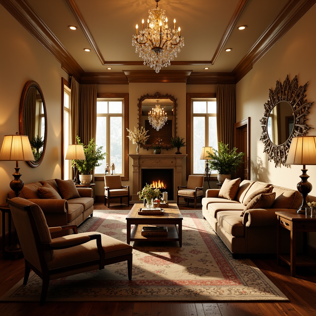 Prompt: Cozy traditional living room, warm beige walls, dark wood furniture, plush velvet sofas, ornate mirrors, crystal chandeliers, table lamps with silk shades, floor lamps with tassel details, warm golden lighting, softbox lights, recessed ceiling lights, crown molding, luxurious fabrics, rich textures, elegant patterns, afternoon sunlight, warm ambient glow, 1/1 composition, shallow depth of field, realistic rendering.