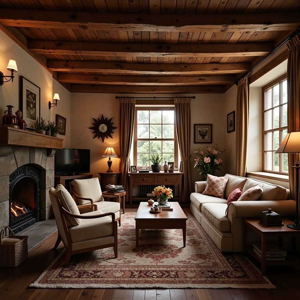 Prompt: Cozy living room, exposed wooden beams, rustic charm, natural wood tones, earthy color palette, warm ambient lighting, plush area rugs, comfortable sofas, vintage decorative items, traditional craftsmanship, ornate wooden furniture, stained glass windows, rich textures, soft focus, shallow depth of field, 2/3 composition, inviting atmosphere, relaxing ambiance.