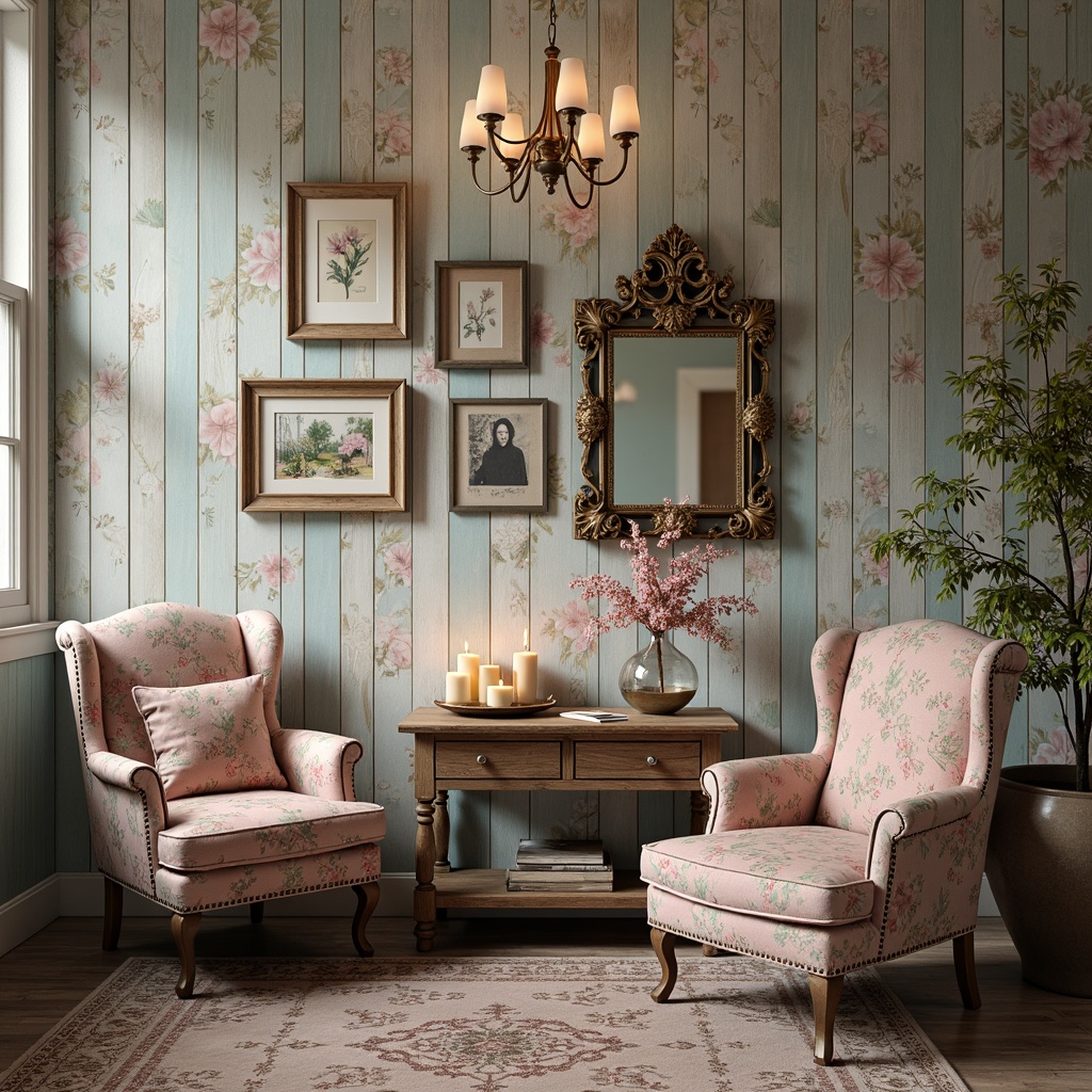 Prompt: Distressed wooden planks, soft pastel hues, vintage floral patterns, ornate metal frames, distressed finishes, rustic textures, shabby-chic inspired color palette, faded elegance, worn velvet fabrics, lace trims, antique furnishings, ornate mirrors, faded botanical prints, warm candlelight, softbox lighting, 1/1 composition, romantic ambiance, nostalgic feel.