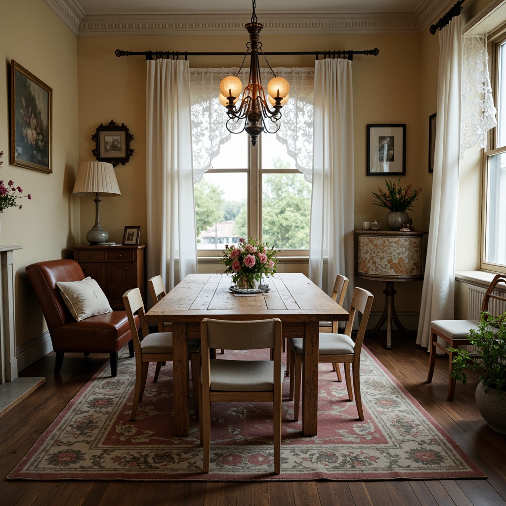 Prompt: Distressed wooden dining table, vintage chairs, soft pastel colors, lace curtains, rustic chandelier, worn leather armchairs, ornate metal frames, distressed finishes, floral patterns, feminine accents, natural fabrics, warm candlelight, cozy atmosphere, intimate setting, classic elegance, nostalgic feel, 1/2 composition, shallow depth of field, warm color palette.