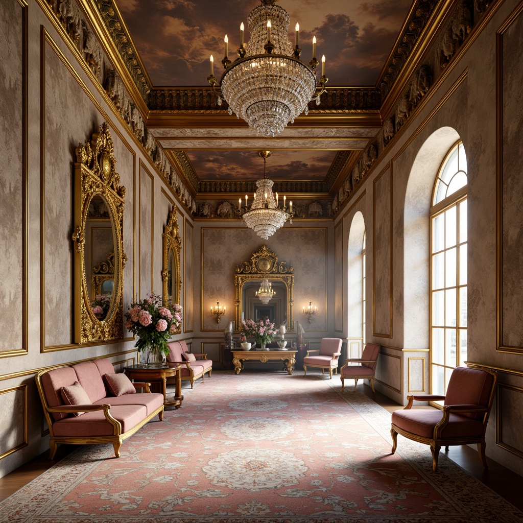 Prompt: Opulent palace interior, lavish gold ornaments, ornate mirrors, rich velvet fabrics, soft pastel hues, delicate florals, intricate carvings, luxurious furnishings, plush carpets, crystal chandeliers, warm candlelight, subtle gradient effects, 1/2 composition, atmospheric perspective, detailed textures, realistic reflections.