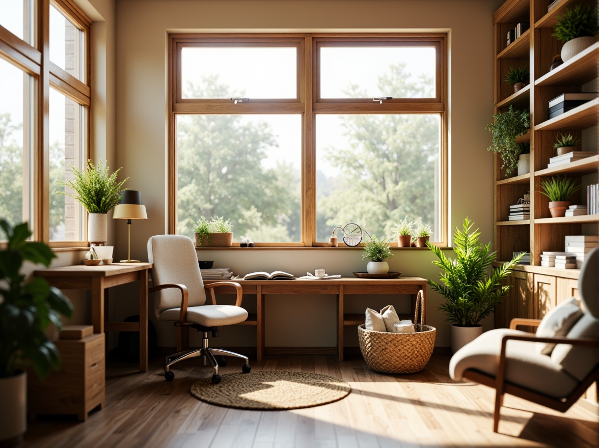 Prompt: Cozy home office, wooden desk, ergonomic chair, floor lamp, natural fiber rug, large windows, soft diffused light, warm beige walls, green plants, minimalist decor, modern bookshelf, comfortable reading nook, warm sunny day, shallow depth of field, 1/1 composition, realistic textures, ambient occlusion.