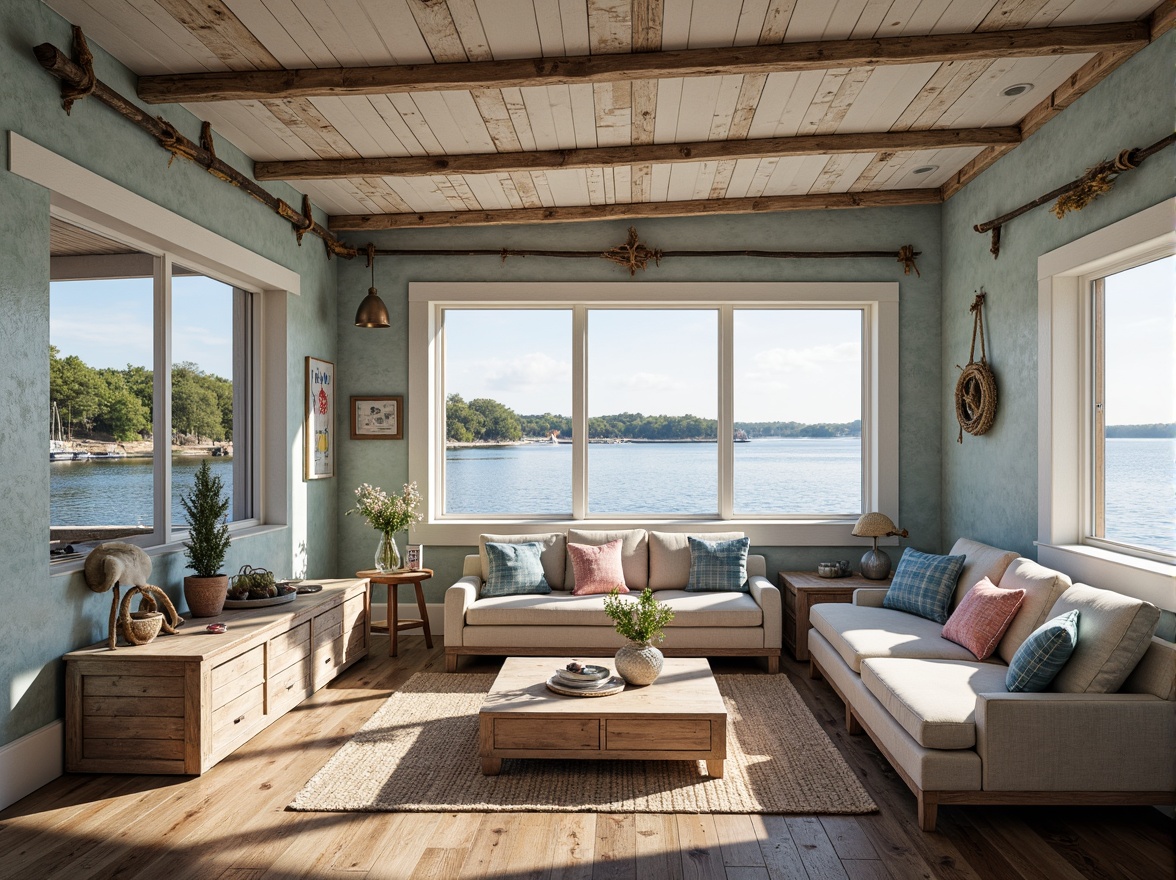 Prompt: \Rustic boathouse interior, weathered wood accents, distressed finishes, nautical rope details, soft blue hues, calming whites, sandy neutrals, warm beige tones, rich navy blues, coral pink undertones, sunny coastal views, natural textures, woven sea grass patterns, driftwood-inspired decor, vintage marine hardware, cozy throw blankets, warm ambient lighting, 1/2 composition, shallow depth of field, realistic wood grain.\