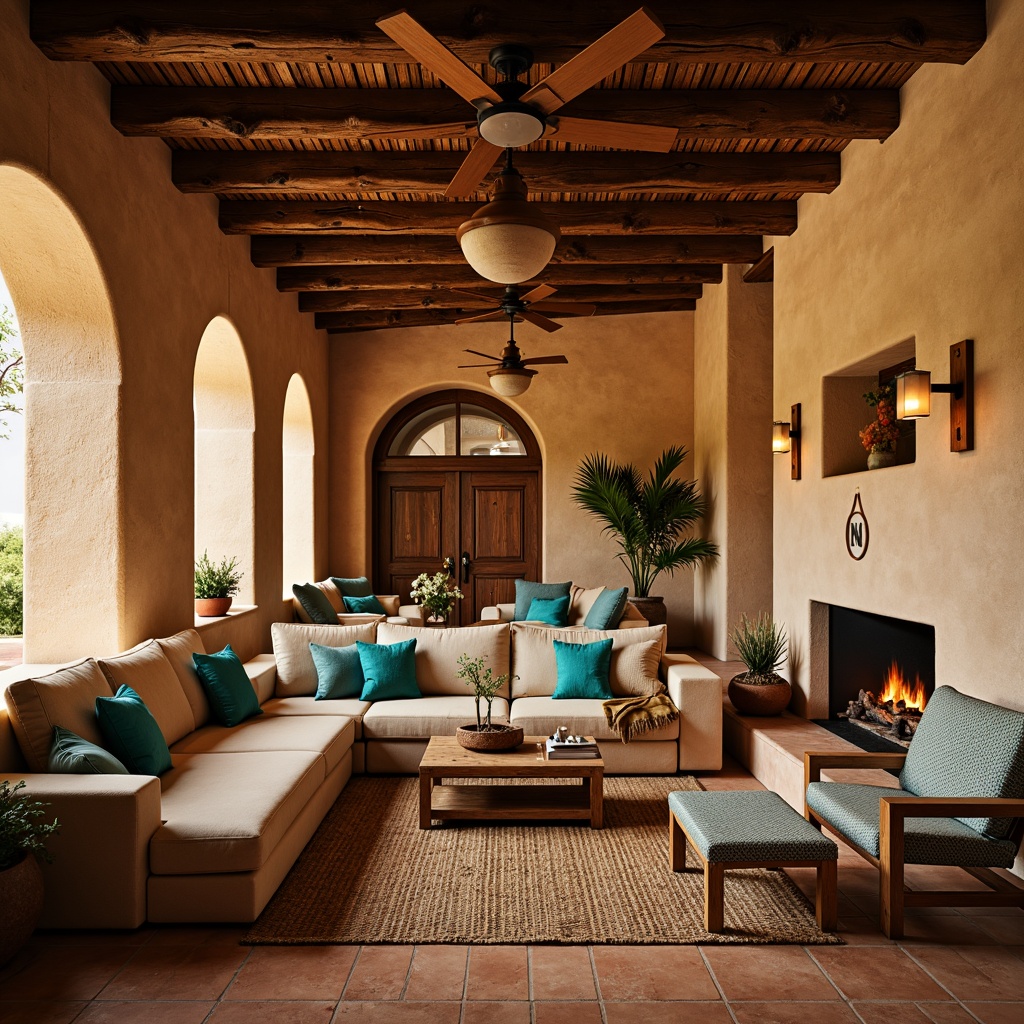 Prompt: Warm ambient lighting, rustic wooden beams, earthy terracotta floors, vibrant turquoise accents, natural adobe architecture, cozy nooks, plush southwestern textiles, woven baskets, pendant lanterns, candles, warm beige walls, distressed wood furniture, desert botanicals, cacti, sandy neutrals, soft warm glow, shallow depth of field, 1/2 composition, realistic textures, ambient occlusion.