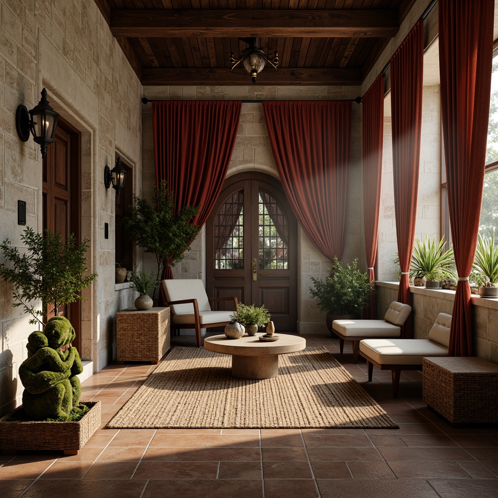 Prompt: Rustic wooden accents, distressed stone walls, ornate metal fixtures, rich velvet drapes, intricate ceramic tiles, woven wicker furniture, natural fiber rugs, earthy terracotta planters, moss-covered ancient statues, soft warm lighting, shallow depth of field, 1/2 composition, realistic textures, ambient occlusion, subtle camera motion, cinematic color grading.