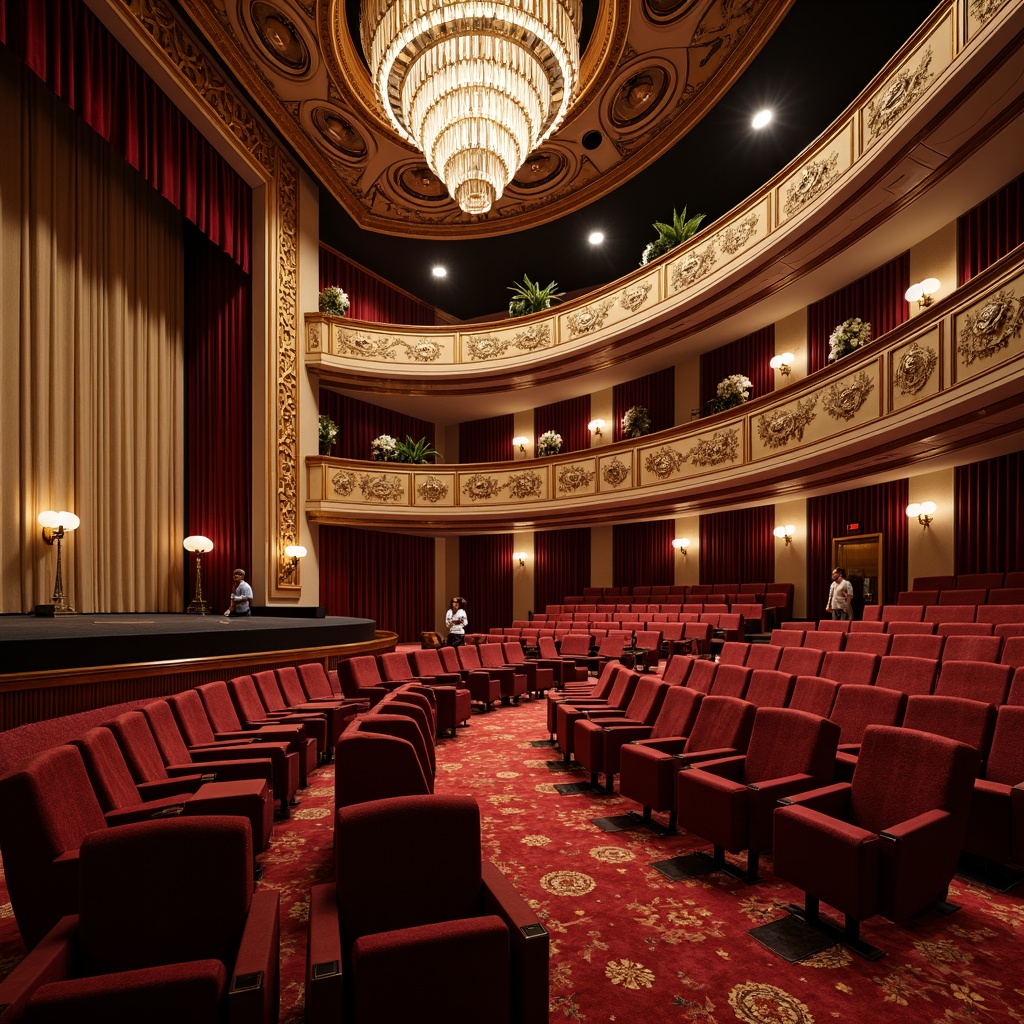 Prompt: Luxurious auditorium, curved rows of seats, plush velvet upholstery, rich wood accents, ornate metal details, grand chandeliers, soft warm lighting, deep red carpeting, acoustic panels, professional sound equipment, elevated stage, dramatic drapery, gold leaf embellishments, Baroque-inspired architecture, opulent decorative elements, sophisticated ambiance, 1/1 composition, shallow depth of field, realistic textures, ambient occlusion.