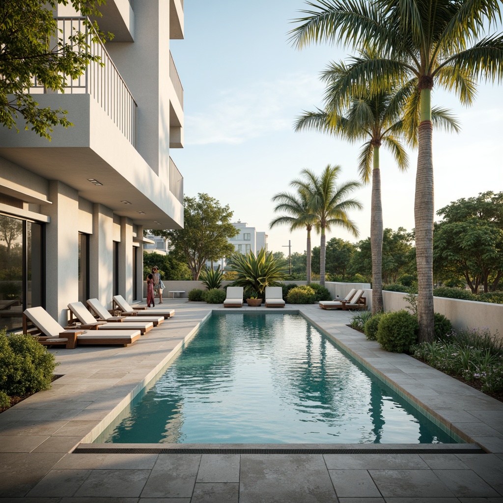 Prompt: Simple rectangular pool, calm water surface, subtle ripples, natural stone decking, minimalist lounge chairs, sleek metal railings, abundant greenery, lush palm trees, warm sunny day, soft diffused light, high ceiling, large windows, sliding glass doors, pure white walls, polished concrete floors, modern architectural design, shallow depth of field, 1/1 composition, realistic textures, ambient occlusion.