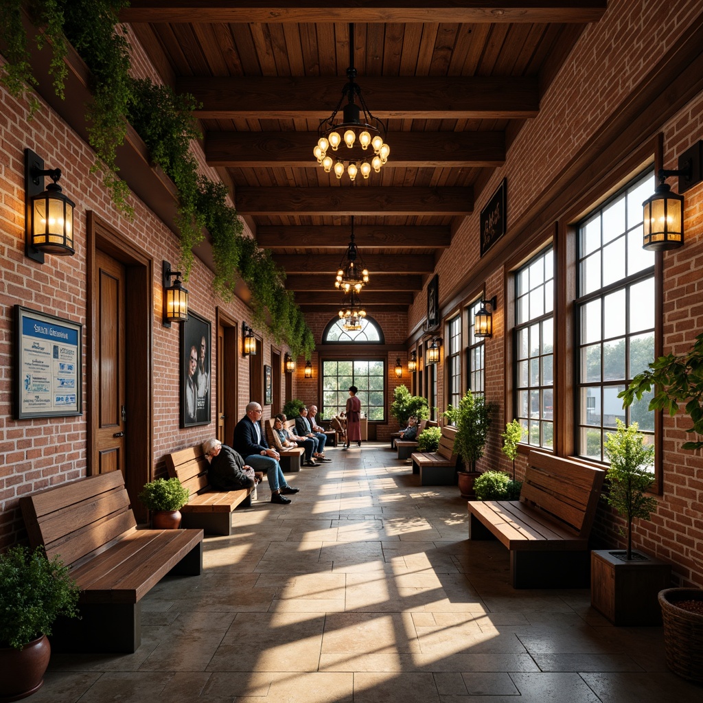 Prompt: Cozy waiting area, wooden benches, vintage bus schedules, rustic brick walls, traditional lanterns, ornate metalwork, classic clock towers, natural stone floors, warm earthy tones, soft diffused lighting, shallow depth of field, 1/1 composition, realistic textures, ambient occlusion, lush greenery, potted plants, comfortable seating areas, wooden luggage racks, nostalgic travel posters, warm beverage vending machines, inviting atmosphere, relaxed travelers.