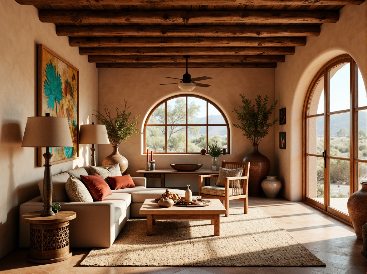 Prompt: Southwestern style interior, warm earthy tones, rustic wooden beams, vibrant turquoise accents, woven textiles, natural fiber rugs, clay pottery vases, desert-inspired artwork, soft warm lighting, table lamps with terracotta shades, floor lamps with wicker details, pendant lights with rattan covers, candles in mercury glass holders, large windows with arched tops, sliding glass doors, sunny day, gentle warm glow, shallow depth of field, 3/4 composition, realistic textures, ambient occlusion.