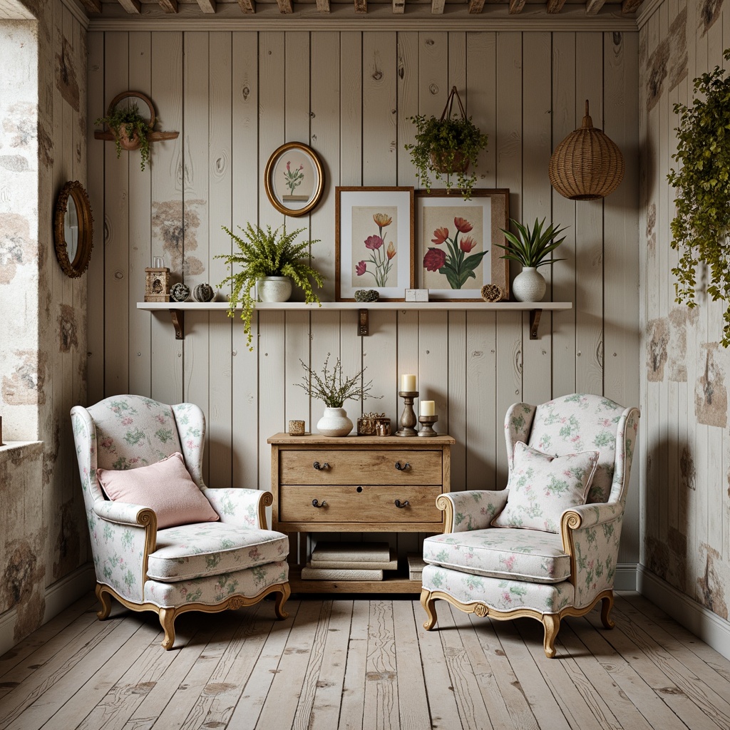 Prompt: Distressed wooden planks, vintage distressed finishes, soft pastel hues, floral patterns, lace textures, ruffled fabrics, ornate gold frames, antique mirrors, rustic wooden shelves, faded botanical prints, creamy whites, weathered stone walls, warm candlelight, shallow depth of field, 1/1 composition, romantic ambiance, soft focus, whimsical details.