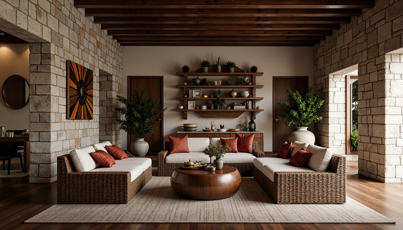 Prompt: Richly detailed stone walls, rustic wooden accents, velvety soft couches, metallic sheen, glassy reflections, woven wicker furniture, smooth ceramic vases, rough-hewn wooden beams, luminous LED lights, intricate mosaic patterns, earthy terracotta pots, supple leather upholstery, glossy lacquered finishes, natural fiber rugs, distressed metal textures.