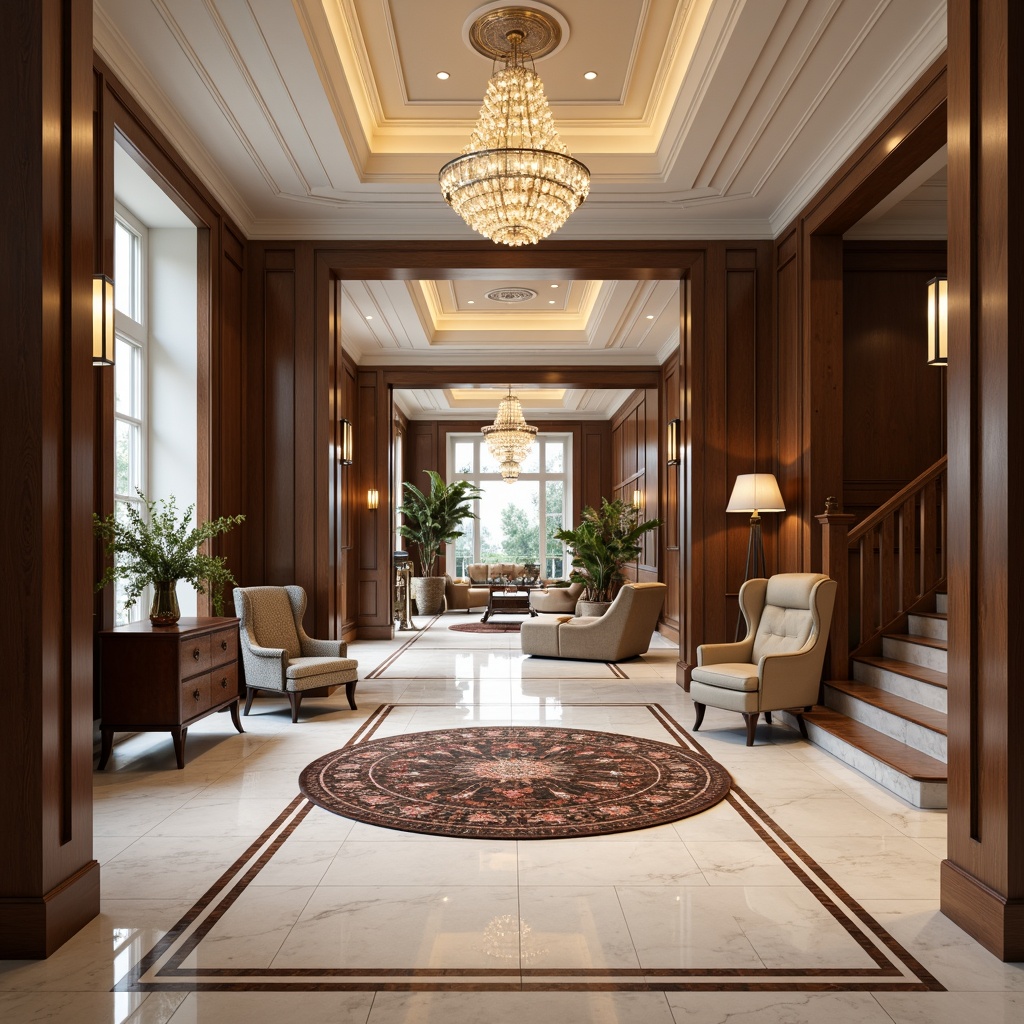 Prompt: Grand entrance hall, luxurious marble flooring, high-gloss finish, contrasting border inlays, ornate rug, elegant chandelier, spacious open area, sweeping staircase, rich wood paneling, classic architectural details, soft warm lighting, shallow depth of field, 3/4 composition, realistic textures, ambient occlusion.