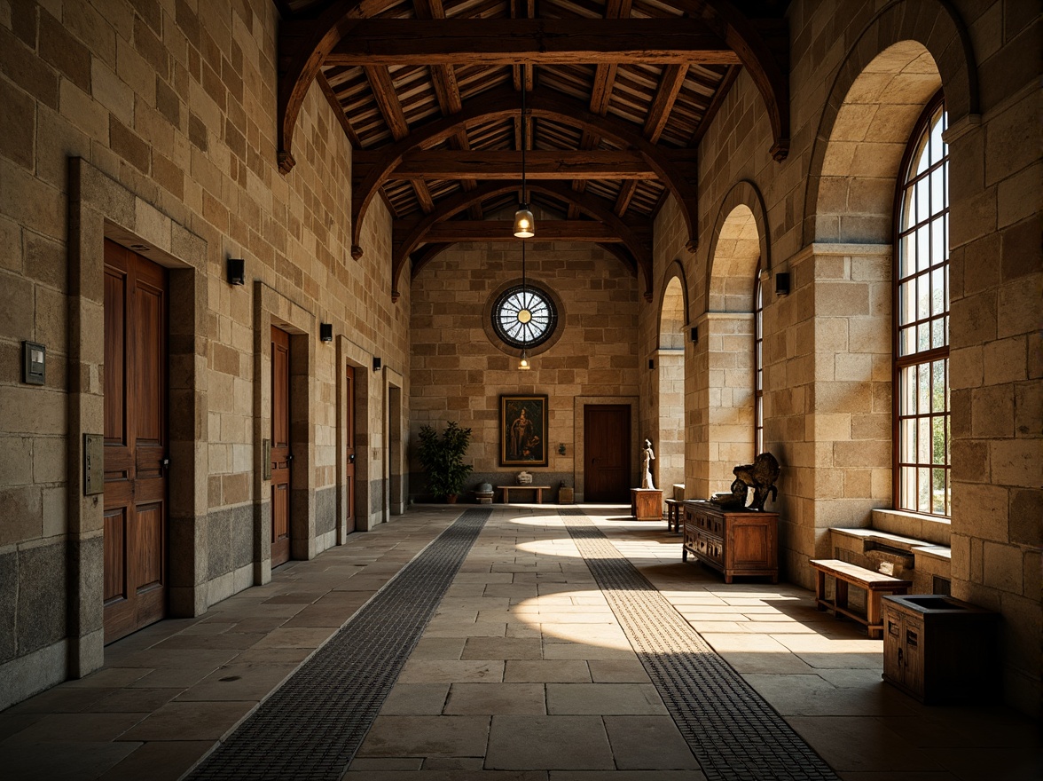 Prompt: Rustic monastery walls, distressed stone surfaces, worn wooden accents, metal grid flooring, industrial-style lighting fixtures, exposed brick ceilings, vaulted archways, grandiose stained glass windows, ornate gothic details, mystical ambiance, warm golden lighting, soft focus photography, 1/1 composition, dramatic shadows, realistic textures, ambient occlusion.