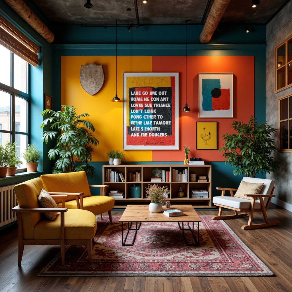 Prompt: Vibrant artistic studio, eclectic furniture pieces, bold color blocks, textured abstract art, inspirational quotes, modern minimalist decor, natural wood accents, industrial metal fixtures, cozy reading nooks, warm atmospheric lighting, shallow depth of field, 1/2 composition, soft focus effect, realistic textures, ambient occlusion.