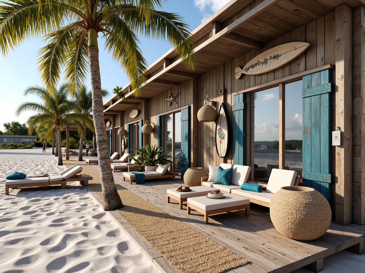 Prompt: Driftwood beach house, weathered wooden facade, coral-inspired accents, sea-glass windows, ocean-blue shutters, sandy dunes, tropical palm trees, surfboard decor, nautical ropes, distressed wood flooring, woven jute rug, shell-adorned vases, fish-shaped decorative items, sunny day, soft warm lighting, shallow depth of field, 3/4 composition, panoramic view, realistic textures, ambient occlusion.