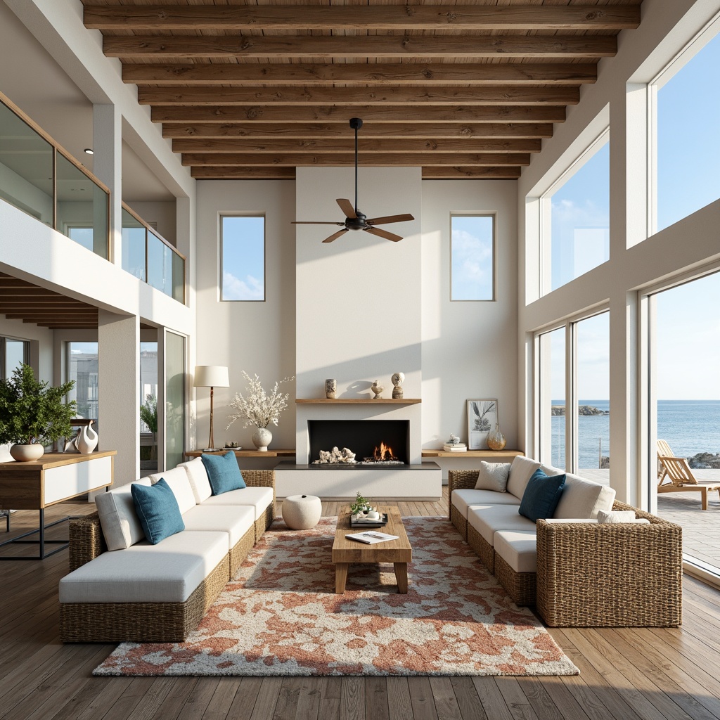 Prompt: Coastal living room, expansive open space, high ceilings, large windows, sliding glass doors, ocean views, natural textures, driftwood accents, nautical rope details, soft blue and white color palette, woven sea grass furniture, shell-inspired decor, coral patterned rugs, reclaimed wood flooring, minimalist chic style, ambient warm lighting, shallow depth of field, 1/2 composition, panoramic view, realistic reflections.