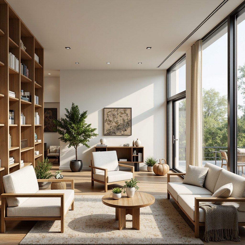 Prompt: Airy living room, minimalist decor, neutral color palette, natural light pouring in, large windows, sliding glass doors, open floor plan, free-flowing spaces, comfortable sofas, wooden accents, woven textiles, plants and greenery, subtle patterns, organic shapes, cozy reading nooks, warm soft lighting, 1/1 composition, shallow depth of field, realistic textures, ambient occlusion.