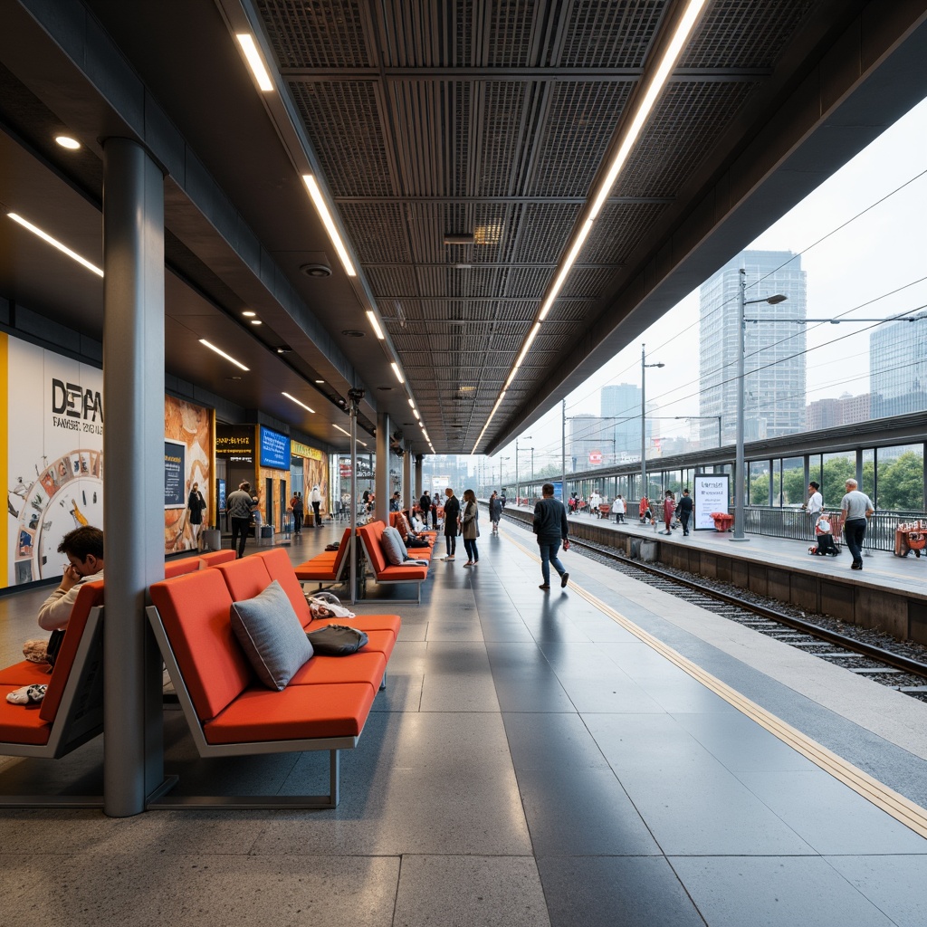 Prompt: Sleek train station, minimalist architecture, modern benches, stainless steel frames, ergonomic seating, bold color accents, indirect lighting, polished concrete floors, geometric patterns, natural stone walls, urban landscape views, busy commuter atmosphere, soft focused lighting, shallow depth of field, 2/3 composition, symmetrical balance, realistic textures, ambient occlusion.