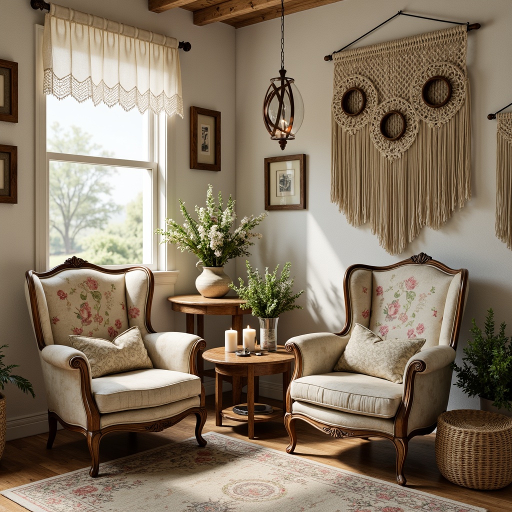 Prompt: Distressed wooden furniture, vintage floral patterns, soft pastel colors, lace curtains, ornate metal frames, distressed finishes, rustic decor, antique collectibles, natural textiles, woven baskets, macrame wall hangings, artificial flowers, candles in mercury glass holders, distressed leather armchairs, velvet pillows, linen fabrics, warm beige tones, soft warm lighting, 1/1 composition, shallow depth of field, realistic textures.