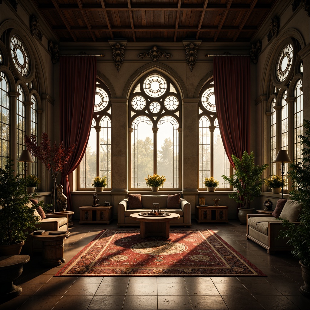 Prompt: Grandiose sunroom, ornate stone carvings, stained glass windows, rich velvet drapes, intricately patterned rugs, dark wooden paneling, mysterious ambiance, warm golden lighting, dramatic arches, ribbed vaults, flying buttresses, mystical symbols, eerie shadows, mystical atmosphere, misty morning, soft diffused light, 1/1 composition, symmetrical framing, realistic textures, ambient occlusion.