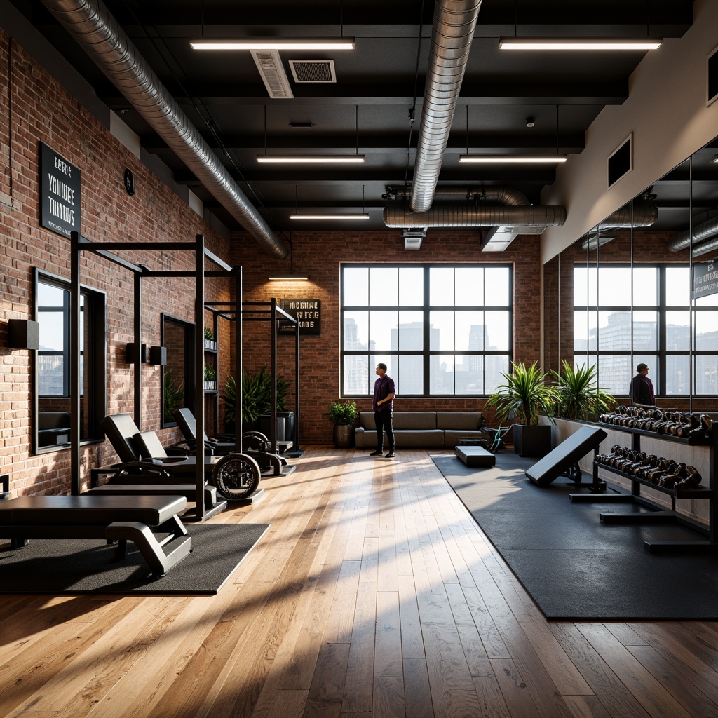 Prompt: Industrial-chic home gym, rustic wooden flooring, exposed brick walls, metallic equipment frames, free weights, exercise machines, mirrored walls, high ceilings, natural light pouring in, modern LED lighting, motivational quotes, urban loft atmosphere, functional layout, open space, rubber flooring, sound-absorbing panels, minimalist decor, adjustable dumbbells, resistance bands, exercise mats, floor-to-ceiling windows, cityscape views, 3/4 composition, shallow depth of field, realistic textures.