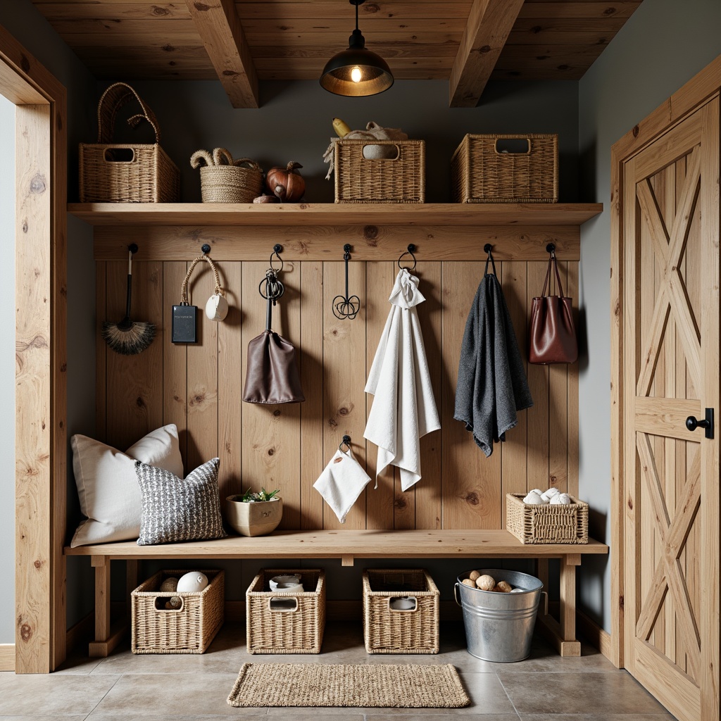 Prompt: Rustic mudroom, farmhouse decor, wooden bench, woven baskets, galvanized metal buckets, distressed wood shelves, natural stone flooring, earthy color palette, vintage farming tools, repurposed crates, industrial-style lighting, exposed beams, sliding barn doors, functional storage cubbies, decorative hooks, wicker baskets, plush throw blankets, warm cozy atmosphere, soft warm lighting, 1/1 composition, shallow depth of field, realistic textures.