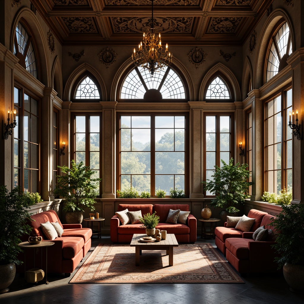 Prompt: Elegant sunroom, Gothic arches, ornate stone carvings, stained glass windows, grand chandeliers, warm candlelight, rich wood tones, intricate metalwork, dramatic ceiling heights, luxurious velvet drapes, mystical ambiance, soft warm lighting, diffused natural light, warm color palette, atmospheric shadows, 1/1 composition, intimate focal point, realistic textures, ambient occlusion.