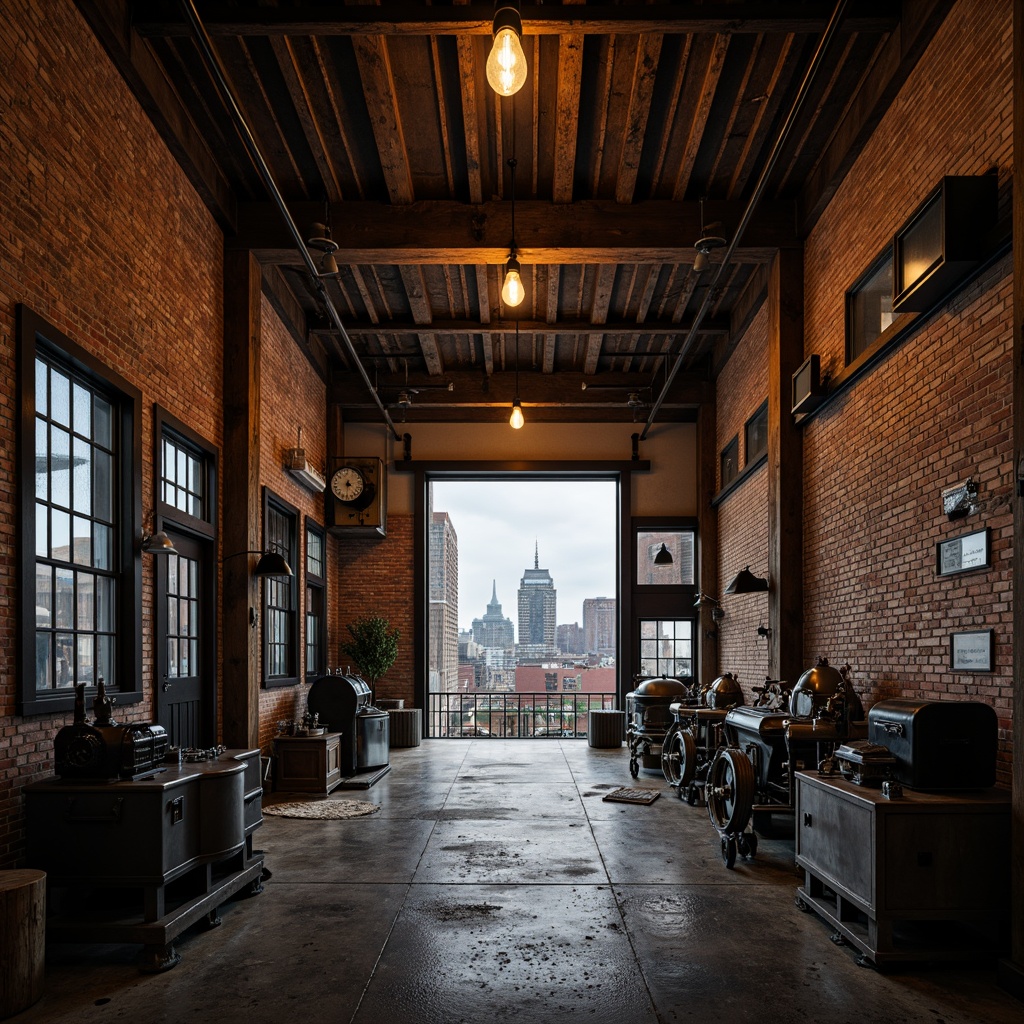 Prompt: Rustic industrial warehouse, exposed brick walls, metal beams, reclaimed wood floors, vintage machinery, distressed textures, Edison bulb lighting, urban cityscape, cloudy grey sky, dramatic shadows, high contrast, 3/4 composition, symmetrical framing, warm golden hour, realistic reflections, ambient occlusion.