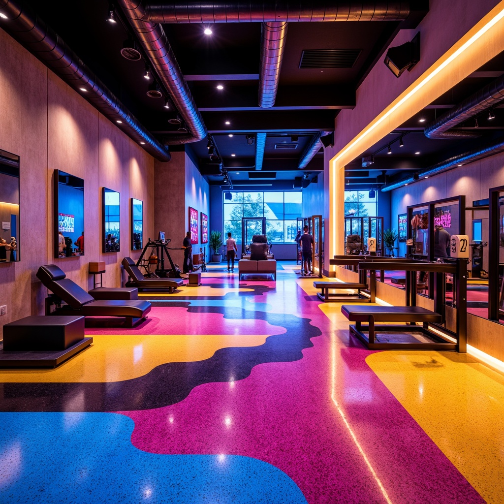 Prompt: Vibrant fitness club interior, Terrazzo flooring with bold color blocks, abstract expressionist patterns, dynamic shapes, undulating lines, energetic atmosphere, high-intensity lighting, industrial-style equipment, sleek metal accents, modern minimalistic decor, geometric-shaped mirrors, neon-lit signage, futuristic ambiance, avant-garde architecture, brutalist concrete walls, polished chrome fixtures, athletic wear-inspired color palette, intense contrast, low-angle photography, dramatic shadows, cinematic mood.