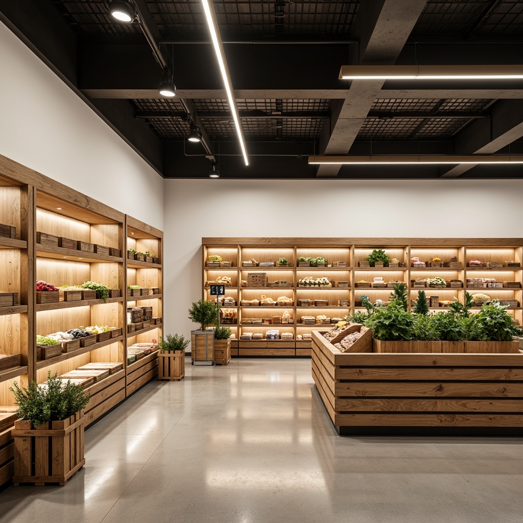 Prompt: Minimalist grocery store interior, soft warm ambient lighting, subtle LED strip lights, natural wood shelves, industrial metal racks, clean white walls, polished concrete floors, simple product displays, rustic wooden crates, fresh produce stands, modern minimalist decor, gentle overhead lighting, 1/1 composition, shallow depth of field, soft focus on products, realistic textures, ambient occlusion.