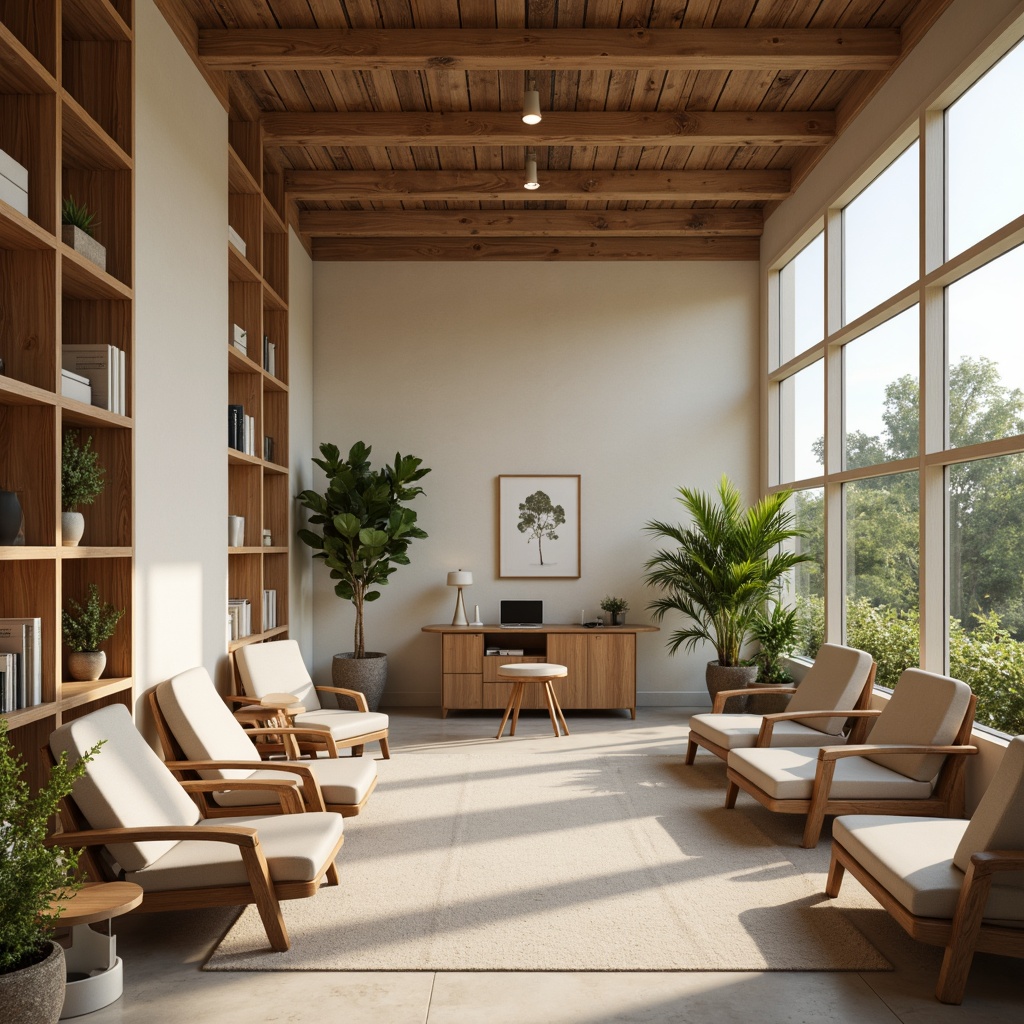 Prompt: Professional office interior, calm atmosphere, neutral beige walls, warm wooden furniture, soothing greenery, natural textiles, earthy tones, creamy whites, rich wood accents, metallic hardware, modern minimalist decor, abundant natural light, soft overhead lighting, 1/2 composition, shallow depth of field, realistic reflections.