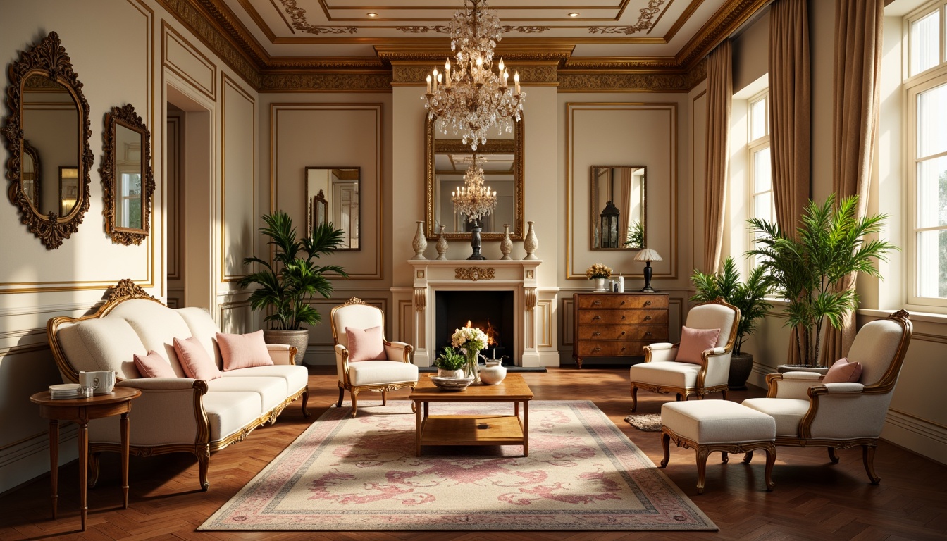 Prompt: Ornate furniture, curved lines, gilded accents, velvet upholstery, soft pastel hues, delicate carvings, intricate patterns, luxurious fabrics, crystal chandeliers, ornamental mirrors, grandiose scale, lavish decorations, romantic ambiance, warm golden lighting, shallow depth of field, 1/1 composition, intimate close-up shots, realistic textures, ambient occlusion.