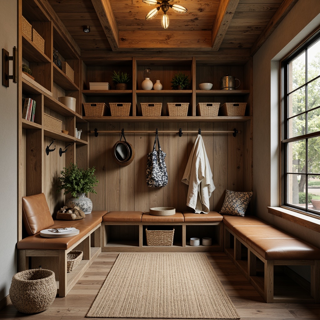 Prompt: Rustic mudroom, earthy tones, natural textures, wooden accents, industrial metal fixtures, exposed bulbs, warm ambient lighting, task lighting, overhead lighting, pendant lamps, bronze finishes, ceramic details, woven baskets, leather storage benches, wooden cubbies, distressed wood floors, earthy color palette, cozy atmosphere, functional design, ample storage spaces.