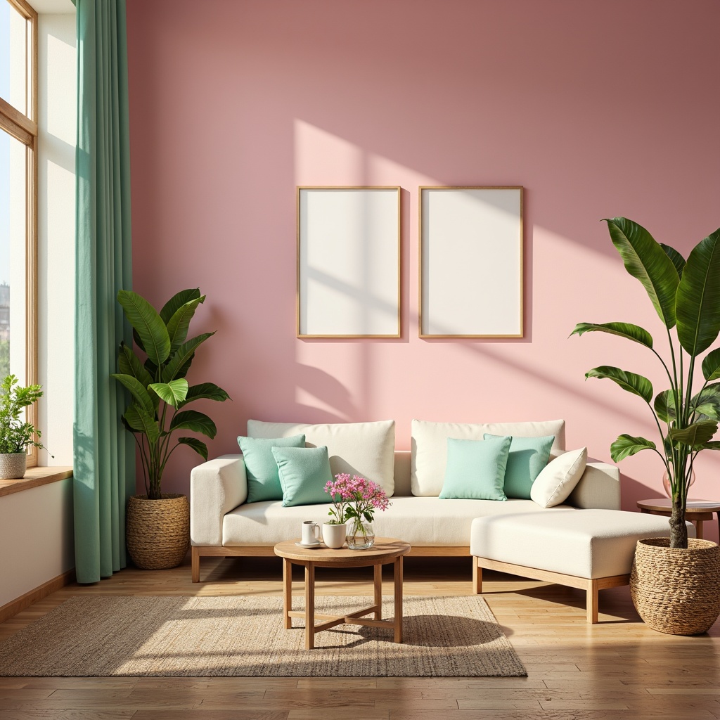 Prompt: Vibrant living room, pastel pink walls, soft mint green accents, creamy white furniture, natural wood textures, woven rattan baskets, potted plants, large windows, warm golden lighting, shallow depth of field, 1/2 composition, realistic shadows, ambient occlusion.